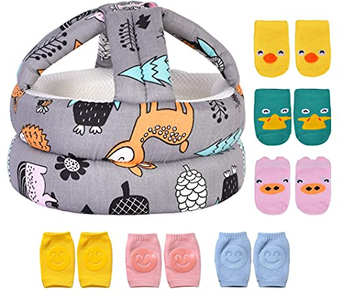 Umtiti Baby Verstellbarer Sicherheitshelm, leicht und weich, Baby-Kopfschutz mit 3 Paar Baby-Knieschützern zum Krabbeln & 3 Paar Babysocken, weicher Kopfschutz für Baby, Wald, Grau + 6