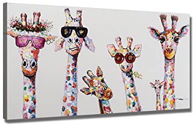 ZHONGYUTONG Graffiti Leinwand Kunstdruck mit Rahmen Giraffe Familie mit Brille Wanddekoration Buntes Tier Bild Poster Lustige Gemälde für Kinderzimmer (60x120cm)