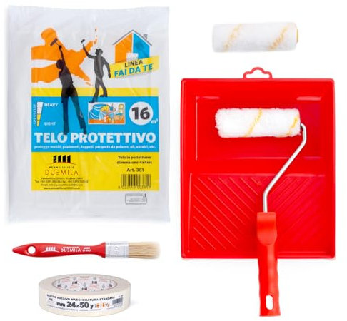 PENNELLIFICIO 2000 | Kit per Verniciatura di Bordi, Con 1 Rullino, 1 Pennello, 1 Vaschetta, Nastro mascheratura, Telo Protettivo e Ricambio Rullino, Set Bordi, Kit Pittura - Made in Italy