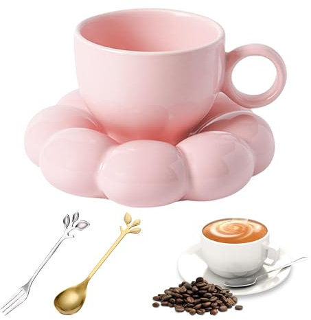 Juego de tazas de café de 250 ml con platillo: flores capuchino, tazas de café de cerámica, tazas de café expreso con posavasos, tenedores y cucharas, tazas de espresso para té, café, capuchino