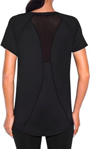 Wayleb Sportshirt Damen Kurzarm V-Ausschnitt Sommer Sport T-Shirts Sommer Leichtes Atmungsaktiv Back Mesh Laufshirt Fitness Gym Oberteile Frauen Longshirt Yoga Top, Schwarz L