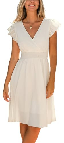 CUPSHE Robe d'été pour femme avec effet drapé, col en V, manches flottantes, robe de loisirs à volants, robe de mariage, A-ligne, mini robe, blanc/jardin opulent, XL