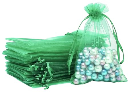 100 st gräsgrön organza presentpåsar, 7 x 9 cm små organza favoritväskor, bröllop smycken påsar med dragsko, nät godis favoritväska fest söta väskor för födelsedag, bröllop, jul, presentförpackning
