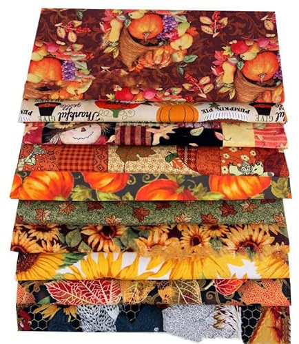 BrightGlow 10 telas de algodón para Acción de Gracias, patchwork, diseño de girasol, trimestre, paquete de tela de calabaza, cuadrados, otoño, arce, patchwork, juegos de tela de algodón para