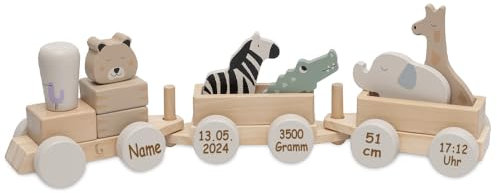 Elefantasie Spielzeugeisenbahn Holzzug für Kinder ab 12 Monate, personalisierbar mit Name und Geburtsdaten Safari