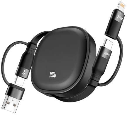 Minlu Cavo di Ricarica Multiplo 5 in 1 Retrattile, 100W, USB-C/A a Lightning/USB C per iPad/IP/Samsung/Tablet