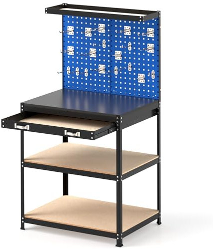 HOMFME Garage Work Bench with Pegboards, Metal Tool Workbench with Shelves, Drawer, 19 Hanging Accessories, Heavy-duty Tool Storage Workstation for Workshop Home, 290kg Capacity (Navy, 81x41x156cm)