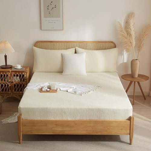 Luofanfei Muslin Baumwolle Spannbettlaken 180x200 Beige Boxspringbett Frottee Topper Weich Uni Atmungsaktiv Bettlaken für Hohe Matratze bis 25-30 cm
