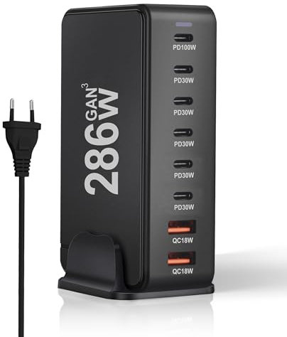 Chargeur USB C, Chargeur Multiple Ports GaN 286w, Station de Charge pour Ordinateur Portable PD 100w, Charger Rapide de Bureau à 8 Ports pour Macbook, Ordinateurs Portables, Smartphones, Tablettes