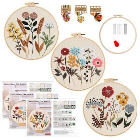 Embroidery 3PCS Kit for Beginners, Cross Stitch DIY Craft Set, Includes Flower Accessories, Hoops, Threads, & Needles, Hand Sewing Kit for Adults (FloralB Patterns)