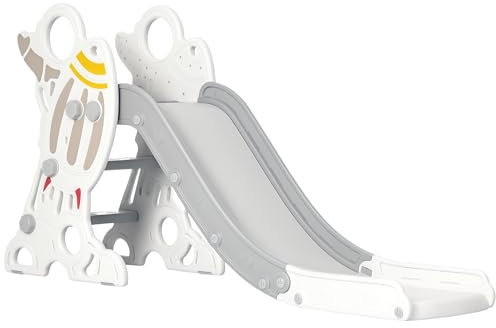 AIYAPLAY Scivolo per Bimbi 18-36 Mesi a Tema Spaziale con Scale Antiscivolo, Scivolo da Interno in PE e PP, 157x46.5x80 cm, Grigio e Bianco