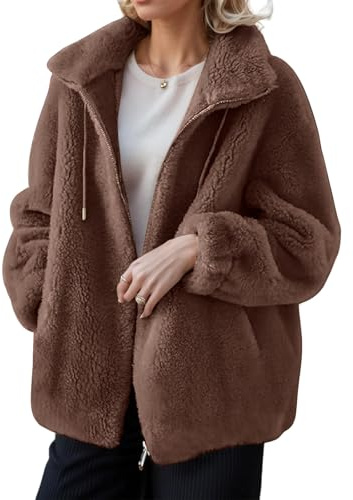 Womens Chunky Fleece Hoodie Jacket Sherpa Lined Full Zip up Winter Warm Soft Teddy Fleece Hooded Sweatshirt Fluffy Ladies Cashmere Jumpers Sweater Coat Plus Size Cardigan Brown L