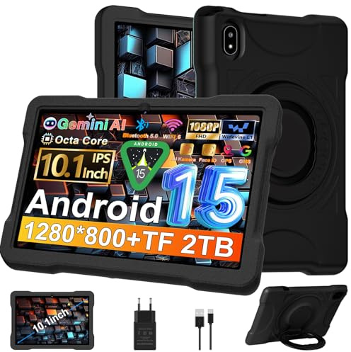 Tablet 10 Pollici Android 15 con 30GB RAM+TF 2TB, Gemini AI/Widevine L1,Octa-Core 2.0 Ghz, 5G WiFi,1080*800/5MP+8MP/Bluetooth 5.0, Newest Tablet con Custodia EVA antiurto + Staffa girevole a 360°-Nero