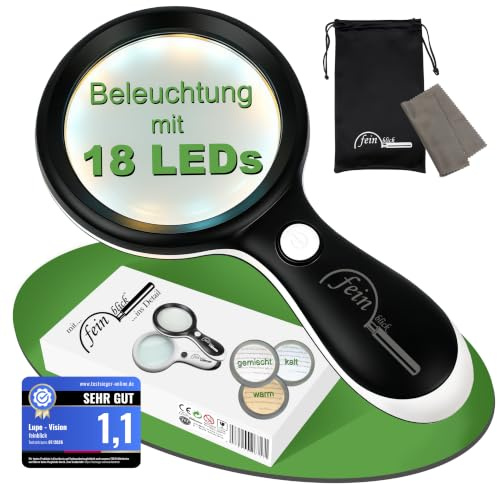 FEINBLICK Große Lupe mit Licht, Beleuchtung 18 LED, kalt/warm mit 5X Vergrößerung, für Links- und Rechtshänder, Lesehilfe für Senioren, für Münzen, Sammelkarten, Büro, Bücher, Leselupe