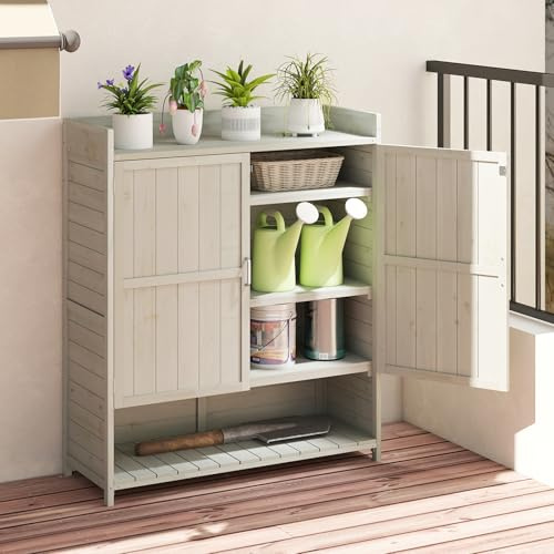 COSTWAY Växtbord utomhus väderbeständigt, trädgårdsbord trä, blombord med underskåp, soptunna och justerbar hylla, trädgårdsbord för trädgård terrass innergård, 102 x 43,5 x 152 cm, natur