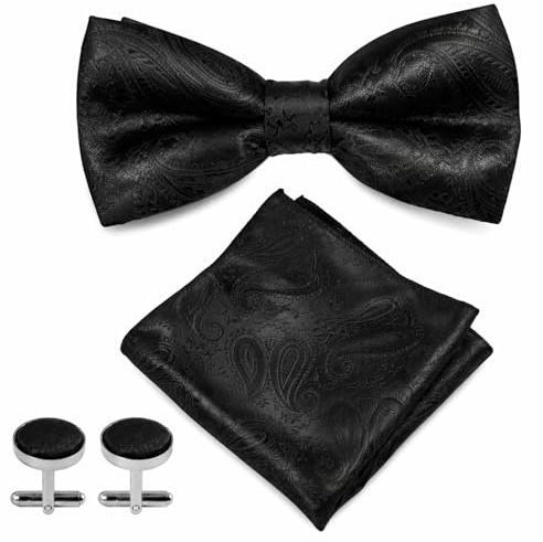 JinRuiCPeng Mens Paisley Bow Tie Handkerchief, Cufflinks Set, with Pocket Square and Cufflinks, Jacquard Woven Adjustable Bowtie Pre-Tied, Handkerchief Accessories for Weddings Business Formal Events