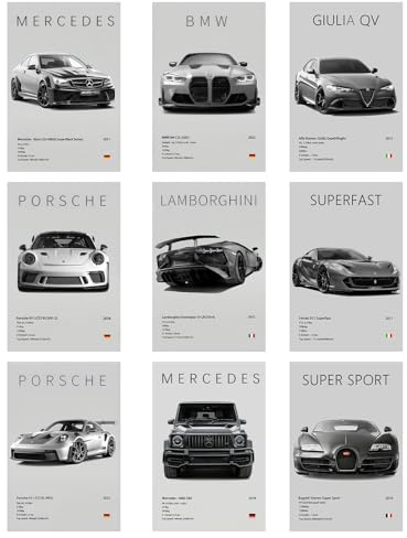9 poster super auto, super car, poster da parete, per ragazzi e uomini, auto da corsa, per soggiorno, soggiorno, regalo per gli amanti delle auto, ragazzi