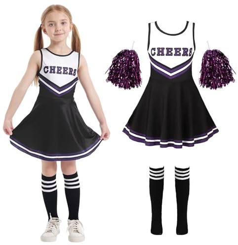 Cnexmin Deguisement Cheerleader Costume De Cheerleader pour Filles Uniforme De Pom-Pom Girl Cosplay Costume avec Pompoms Manches Costume Cheer Leader Halloween Carnaval Mascarade,3-12 Ans