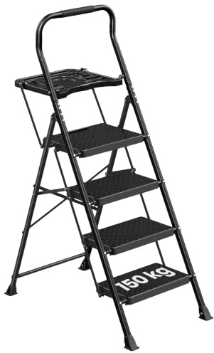 SONGMICS Escalera de Acero, Escalera Plegable de 4 Peldaños, Carga de 150 kg, para Casa, Oficina, Jardín, 84 x 45,5 x 145,2 cm, Negro GSL204BZ01