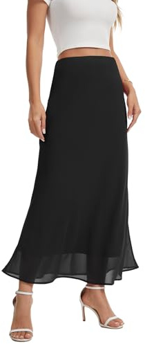 BEIGAI Falda larga elegante para mujer, cintura elástica, de gasa, línea trapezoidal, casual, falda de verano para fiesta, Negro , XL