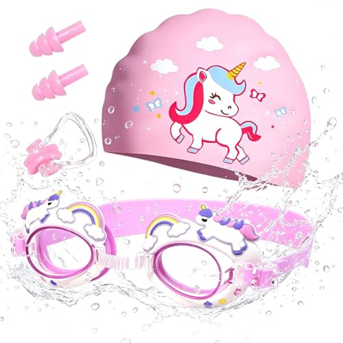 WFKKMEQ Unicornio Gorros de Natación para Niños, Unicornio Sombrero de Natación con Gafas de Natacións Tapones Oidos Pinza Nariz Silicona Gorro Piscina Elástico Gorros de Bañ para Niños Niña