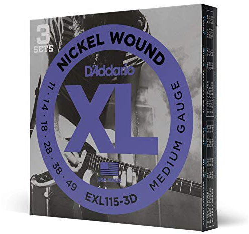 D'Addario EXL115-3D Cuerdas de Guitarra Eléctrica Entorchadas en Níquel, 3 Juegos, Medio/Blues-Jazz Rock, 11-49, 3 Juegos, 11-49, Med. Blues Jazz Rock, 3-Pack