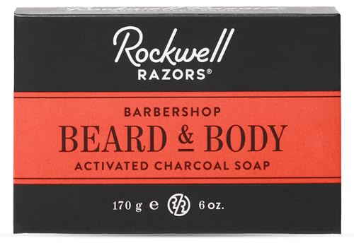 Rockwell 3-in-1 Beard & Body Bar Soap, Classic Barbershop Scent | Natural Cleansing, Hydrating & Exfoliation with Coffee, Activated Charcoal, Jojoba oil & Shea Butter | Ideal for All Skin Types