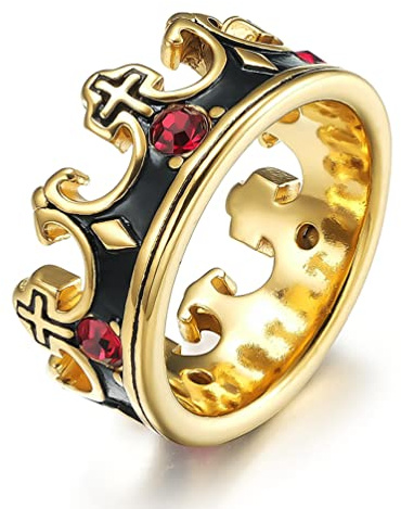 SINLEO Mens Womens Stainless Steel Vintage Royal King Crown Ring Cross Band Ruby Black Gemstone Gold Size 11