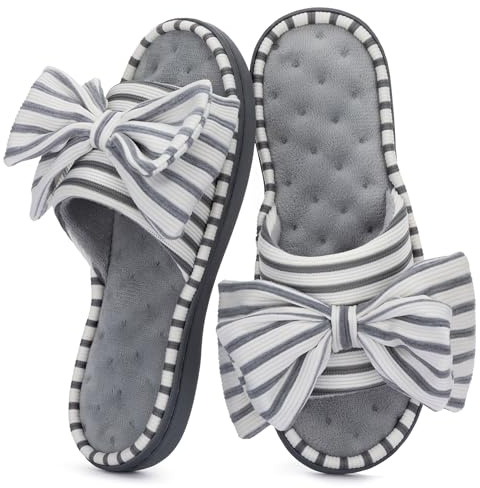 ULTRAIDEAS Women's Memory Foam Open Toe Slide Slippers with Cute Bowknot, Ladies' Slip on House Shoes Spa Slippers with Indoor Outdoor Anti-Skid Rubber Sole
