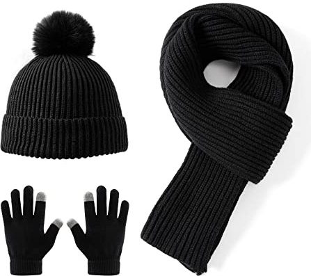 Lallier 3Pcs Kids Hat Scarf and Snow Gloves Set, Winter Knit Warm Soft Pom-Pom Beanie Outdoor for Boys Girls and Toddlers (Black)