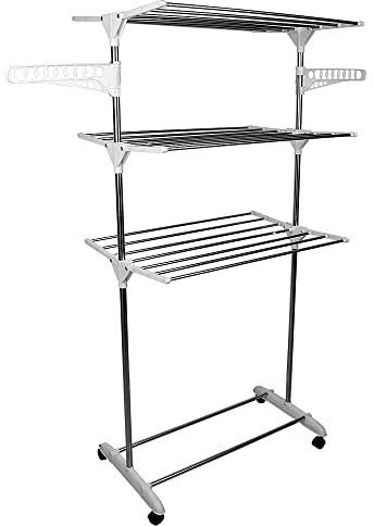 KANGXIN Etendoir à Linge 3 Niveaux, Etendoirs sur Pied Pliable et Portable, Sechoir a Vêtements, Sechoir à Linge avec Ailes Latérales, Etendage à Linge Intérieur/Extérieur (Blanc-Gris, 75×44×158 cm)