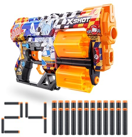 XShot Skins Dread Blaster Sonic Super Speed, Sonic The Hedgehog Design with 24 Darts, Double Rotating Barrels, Air Pocket Dart Technology, Toy Foam Blaster for Kids, Teens and Adults (24 Darts)