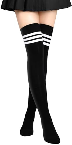 Aomig Chaussettes longues à rayures au-dessus du genou pour femmes et filles, chaussettes bottes, décontractées, 3 bas longs tubes à rayures blanches et noires pour un usage quotidien, cosplay, 1