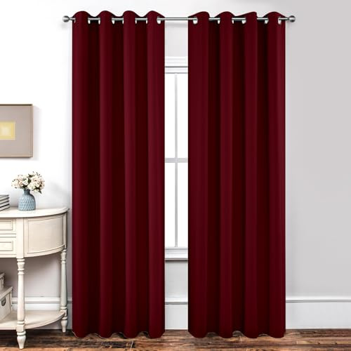 Joydeco Blackout Curtains for Bedroom 66 x 90 Inch, Eyelet Thermal Insulated Energy-saving Drapes for Room Darkening Light Filtering, Long Window Treatments 90 Inch Drop, 2 Panels - Burgundy Red