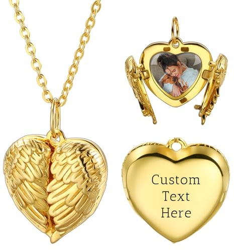 OTXIXTO Personalisierte Herz Medaillon Halskette Mit Bild Innen - Individuell Foto/Text Anhänger Mit Engelsflügel - 925 Silber Charm Halsketten für Damen (B: Gold)
