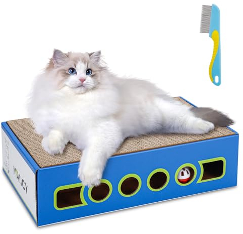 Maiicy Kratzbretter für Katzen - Groß XXL, Abriebfest, Kratzbrettbox mit Glöckchen und Katzenminze - Inklusive Kostenlosem Flohkamm