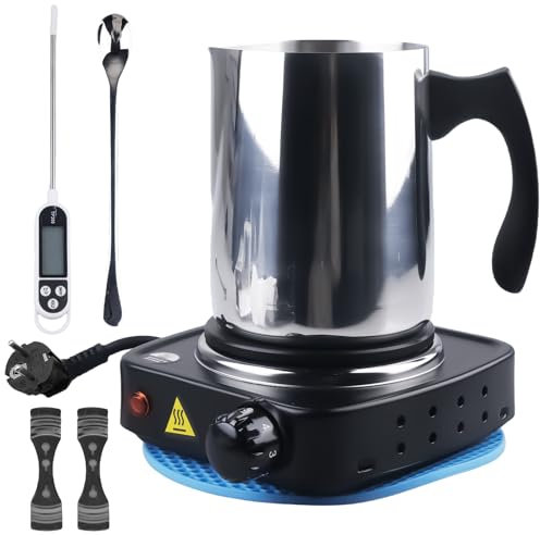 GBKDQQ Kit de fabricación de velas con placa de cocción electrónica, kit de creación de velas para adultos, juego de hacer velas con olla de cera de 900 ml, cuchara para mezclar, termómetro, soporte