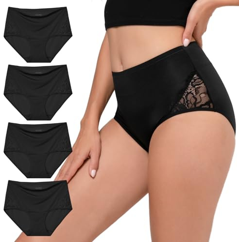 INNERSY Black Knickers for Women Microfibre Lace Underwear Thin High Waist Full Briefs Pack of 4 (16, 4 Black)