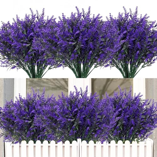 HNVNER 16 Piezas Flores de Lavanda Artificiales Exterior, Planta de Flores Artificiales Resistentes a los Rayos UV para Decoracion Exterior y Interior(Púrpura)