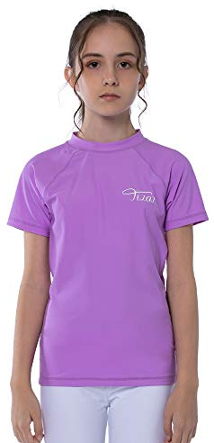 TIZAX Maillot de Bain à Manches Courtes Enfants Filles T-Shirt de Bain Anti-UV pour Enfants Rashguard séchage Rapide Protection Solaire Violet Clair 13-14 Ans