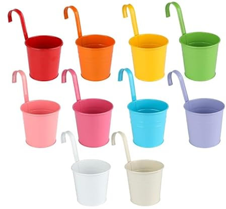 Windfromort Macetas Colgantes Exterior - Macetas Colgantes 10 Piezas – Macetas Balcón de Metal con Gancho Extraíble y Drenaje, Jardineras Colgantes para Jardín, Terraza, Valla, Ventana (10 Colores)