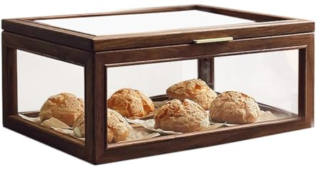 HYBMRQVD Vintage Wooden Bread Box For Kitchen Countertop Pastry Display Case Clear Glass Keepsake Box For Homemade Cookie Cupcake Muffins Bagel(Brown)