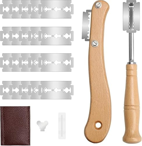 FEIGO Bäckermesser 2er Set, Scoring Tool Set, aus Holz Baguettemesser Teigmesser Brot bäcker Cutter mit 20 Rasierklinge Ritzmesser zum Einschneiden von Baguette, für DIY Brotteig Muster
