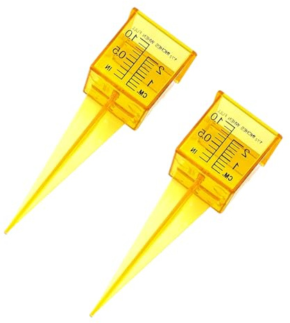 Dwuww Lot de 2 mini arroseurs portables et pluviomètres jaunes à large goulot - Outil de mesure de l'eau pour pelouse, cour, extérieur et maison - Lot de 2 thermomètres et instruments météorologiques