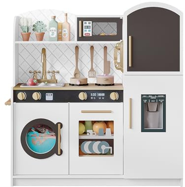 Treocho Play Kitchen for Kids, Wooden Toddler Kitchen Set with Storage, Modren Design Toy Kitchen with Faucet&Sink, Stove, Chalkboard, Icemaker and Various Accessories for Kids Ages 3+, White