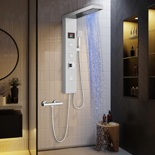 ROVOGO Panneau de douche LED sans robinet, colonne de douche en acier inoxydable brossé 5 fonctions sans batterie – Affichage LED de la température et douche à effet pluie, 3 jets de massage