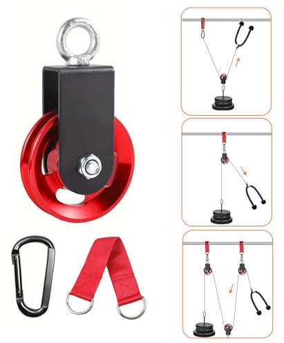 GYYXH 90mm Aluminium Gym Cable Pulley System with Strap and Carabiner | 300kg Max Load 360 Swivel U Bracket for DIY Home Fitness - Silent Bearings, Fits Ropes up to 7mm, Red