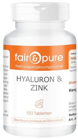 Fair & Pure Hyaluron & Zink, 120 Stück, 500mg Hyaluronsäure Tagesdosis, veganes Nahrungsergänzungsmittel ohne Zusätze, in Deutschland hergestellt