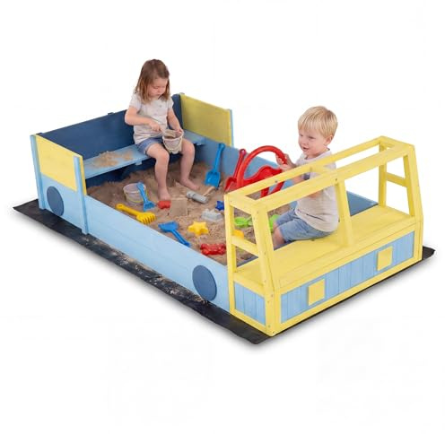 HOMASIS Sabbiera per Bambini a Forma di Camion dei Pompieri, Sabbiera da Esterno con Panca, Contenitore Portaoggetti Nascosto, Rivestimento, Sandbox per bambini 18+ Mesi, 170 x 100 x 48 cm