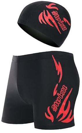 OGLYMRA Ensemble Short de Bain Homme avec Bonnet - Imprimé Flamme Rouge, Taille 2XL, en Tissu Polyester Élastique, convient pour la plage, les sports, la natation, la plongée et autres activités